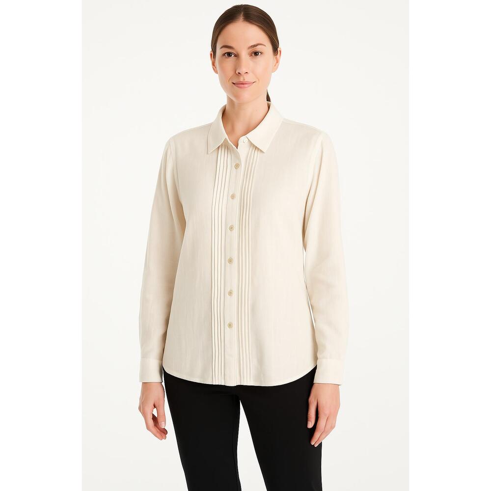 Chicos Shirt Womens Size 3 White Buttonup Pleated Front Long Sleeves Collared